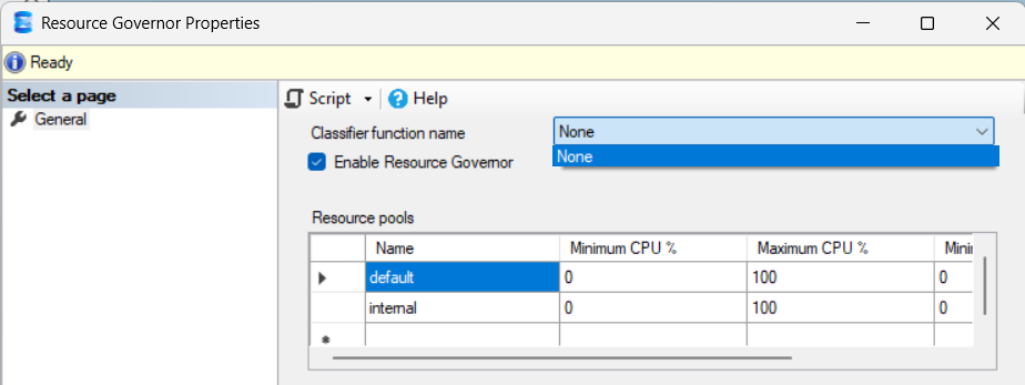 Liste déroulante Classifier function name de la fenêtre de propriétés, qui ne propose que None