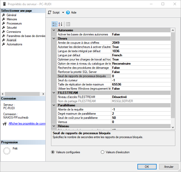 The blocked process threshold setting in the SSMS instance properties