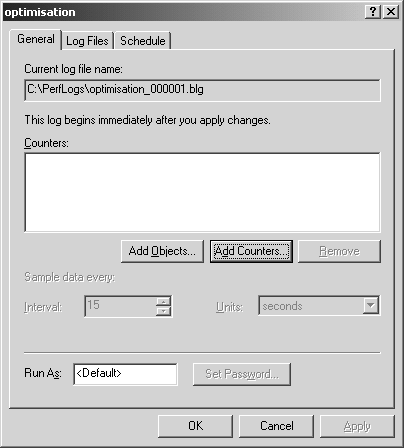 Fig. 5.17 - premier onglet de la configuration de trace de performances