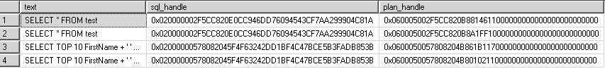 Fig. 9.4 - Plusieurs plan_handle pour le même sql_handle